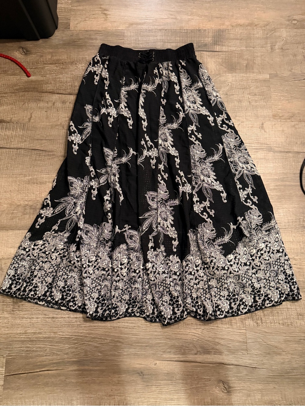 Black White Floral Maxi Skirt Corset Lace Up Waist Boho Whimsigoth Size S